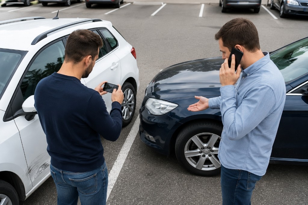 Șofer fotografiază avariile după un accident cu mașina în parcare