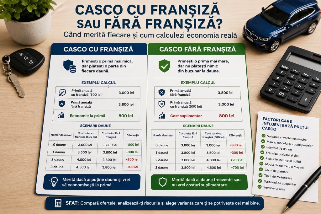 CASCO cu franșiză sau fără franșiză — când merită fiecare?