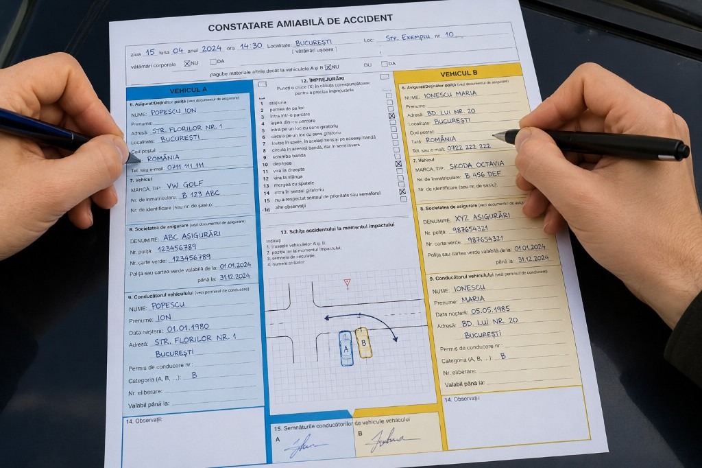 Formular de constatare amiabilă de accident completat de doi șoferi
