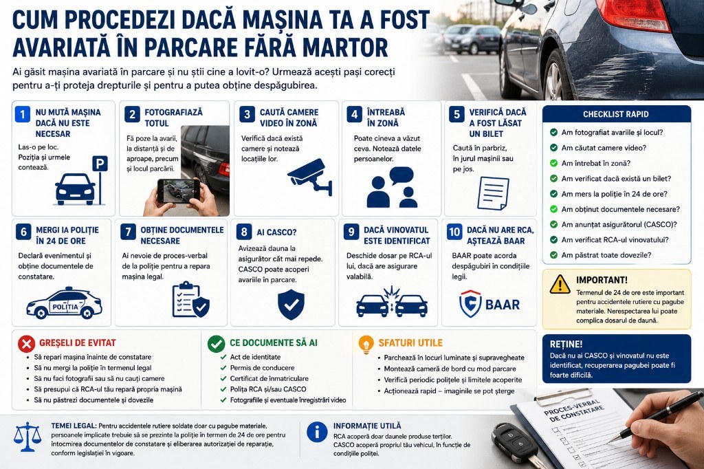 Cum procedezi dacă mașina ta a fost avariată în parcare fără martor