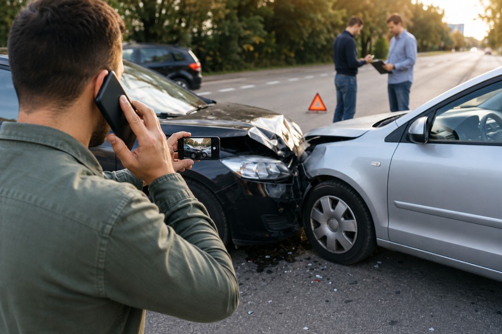 Șofer fotografiază două mașini avariate după un accident rutier