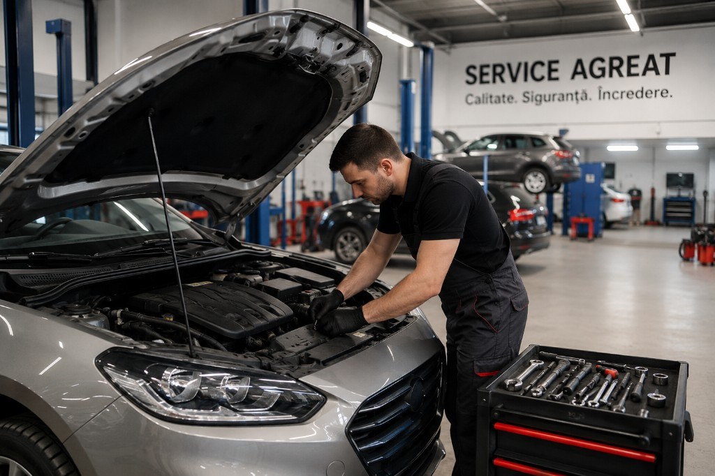 Service agreat CASCO cu mecanic reparând o mașină într-un atelier auto